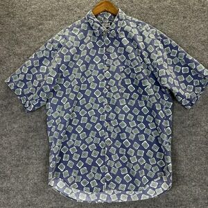 Vintage Vessels Shirt Mens Large Blue Geometric Print Short Sleeve Made USA